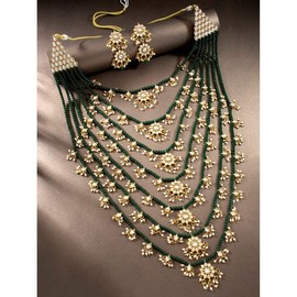 Aheli Multi Layered Green Pearl con Kundan Collar Pendiente Indio Tradicional Ética Joyería de Bollywood