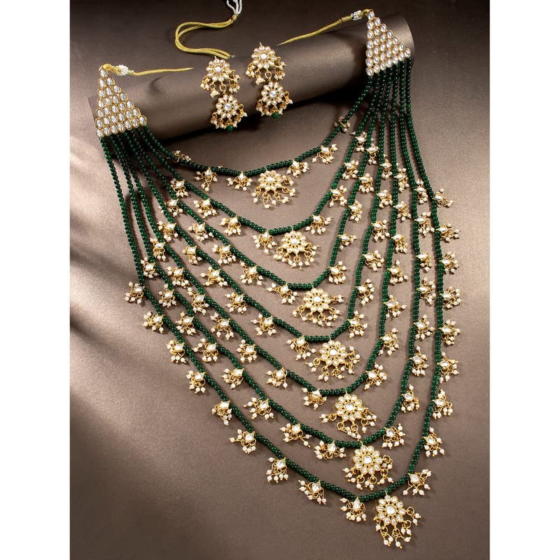 Aheli Multi Layered Green Pearl con Kundan Collar Pendiente Indio
