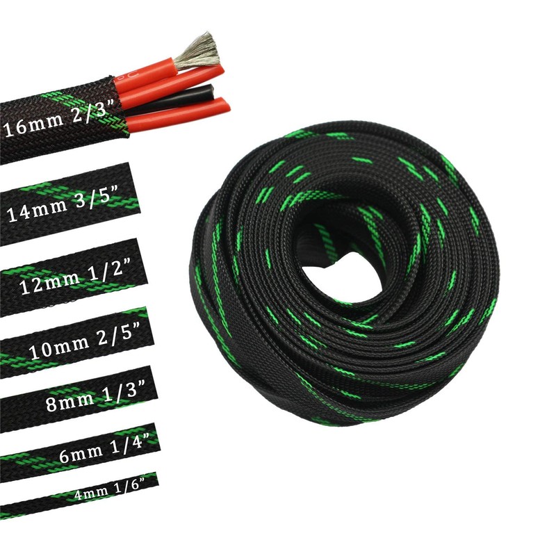 30ft PET Expandable Sleeving Wire Cable Sleeve (1/6", Green&Black)