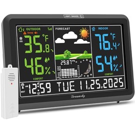 DreamSky Weather Station Indoor Outdoor Thermometer Wireless with Digital Atomic Clock for Home, Large Display with Dimmer, USB Port, Inside Outside T