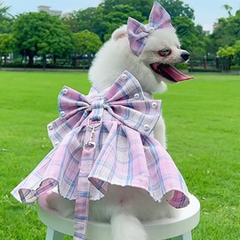 JAAQUCD Plaid Dog Dress Harness and Leash Set with Bow Tie Accessories Puppy Clothes for Small Dog Girl Cute Cat Summer Outfit Breathable Mesh Pet Princess Skirt with Pearls (Purple, X-Small)