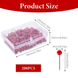 200 Stück Pins,Rot Pinnnadeln,Nadellänge 15 mm, Kopfdurchmesser 4 mm Stecknadeln mit Kopf,Rundkopfnadeln,Karte Nagel Pinnadeln,für Basteln,Nähen Säumen,Craft,Komponenten,Dekoration,Bürobedarf.