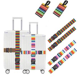 pdodo Suitcase Strap Set with Combination Lock, 4 Pieces Suitcase Straps with 2 Luggage Tags, Nylon Luggage Strap for Car and Van, Multi-Colour