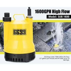 6699 Submersible Water Pump 1/4 HP 1600GPH Thermoplastic Utility Pump Electric Portable Transfer Water Pump with 10-Foot Cord for Pool Tub Garden Pond Draining