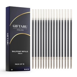 GIFTARU Pack of 15 Black Ink 9.8cm Ballpoint Pen Refills for Retractable Aluminium Metal Luxurious Soft Touch Stylus Pens