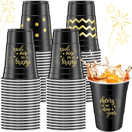 60 Pcs Happy New Year Plastic Cups Bulk 16 oz 2026 Black and Gold Disposable Drinks Cups New Year Eve Party Supplies for Festive Party Favors Decorations