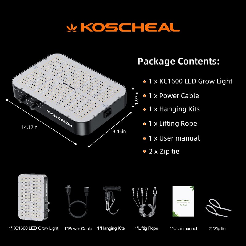 KOSCHEAL KC1600 LED Grow Light 160W Full Spectrum,2.9μmol/J PAR Efficacy,Dimmable