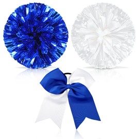Set of 3 12 Inch Cheerleading Pom Poms and Large Cheerleader Ponytail Bow Holder for Girl Large Metallic Cheerleader Pom Poms for Sports Team Cheering (Blue and White)