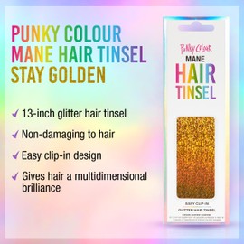 Punky Mane Hair Tinsel - Stay Golden, 13-inch Glitter Fairy Tinsel Hair Extensions, Easy Clip-In Strands for Parties & Special Occasions, Heat Resistant, 6 Pieces, 1-pack