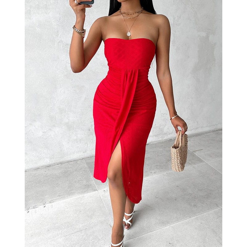 CHICME Women's Strapless Maxi Bodycon Dresses Wrap Asymmetrical Beach Maxi