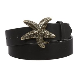Unisex Starfish Buckle Snap-On Belt – 1.5" Wide, 19-Color Options, Black/Brass | m (32-34" waist)