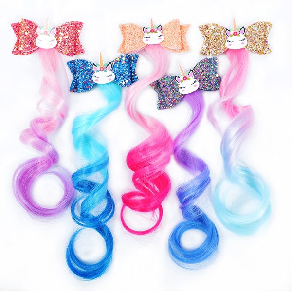 5-Colors Hair Clips for Girls Hair Bows for Girls Hair Accessories for Girls kids Hair Clips Girls Hair Bows Unicorn Hair Clips Girls Hair Accessories Glitter Braided Curly Gradient Kids Hair Extensions for Kids Princess Dress Up（5PCS )