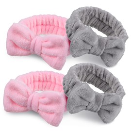 Minkissy 4pcs Spa Headbands Bow Knot Fleece Makeup and Face Wash Hairbands for Women for Skincare Bathing Yoga and Daily Facial Care Grey