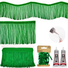Yhsheen Green Fringe, 5 Yards X 4 Inch Fringe Trim with B7000 Glue, Tassels Trim for Crafts, Polyester Fibre Sewing Fringe Trim(Green)