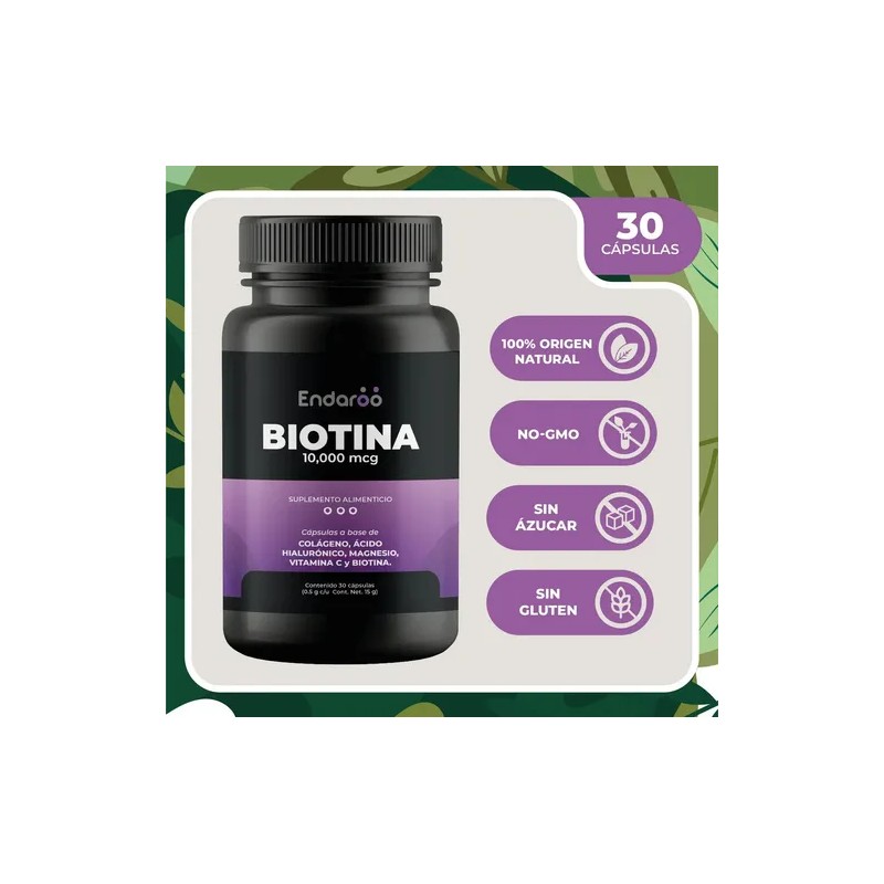 Biotina 10,000 Mcg Con Colágeno, Ácido Hialurónico, Magnesio 30 Cápsulas