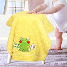 Lashuma Children's Towel Set in Yellow 50 x 90 cm, 2 x Embroidered Children's Bath Towels, Design: Frog Baby Bath Towel