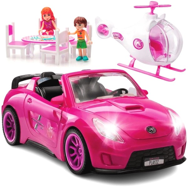 Play22 Pink Convertible 2-Seater Vehicle Doll Accessories with Lights and Sounds 10 Pc - Car for Dolls Set - Toy Car Includes Helicopter Doll, 2 Figurines, Dining Table Set - Great Gift