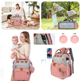 JOYCE Diaper Bag Backpack, with Changing Table Backpack, 900D Oxford Cloth, Large Capacity Diaper Backpack, 3 in 1 Multifunctional Travel Baby Diaper Backpack (pinkish gray)