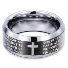 Fashion Month Mens 8mm Black Silver Tungsten Carbide Ring English Bible The Lords Prayer Cross Two-Tone Band for Him, Tungsten, tungsten