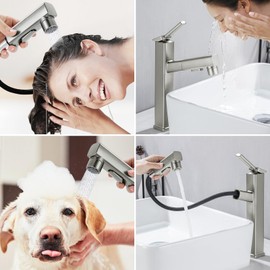 HANLIAN Single Hole Bathroom Pull Out Faucet with Rotating Spout, One Handle Faucet for Bathroom Sink, Modern Bathroom Faucet with Pull Down Sprayer, 3 Modes Vanity Faucets (Brushed Nickel, Tall)