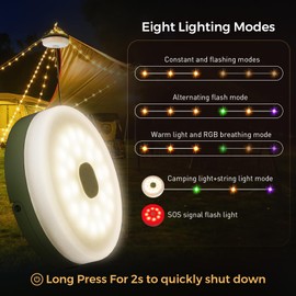 KUQIHUG Camping String Lights, 2 in 1 Quick Storage 32.8FT Rechargeable Tent Lights String with 8 Modes, Hanging Waterproof Portable LED Lamp for Outdoor Patio Awning Garden Party Essentials