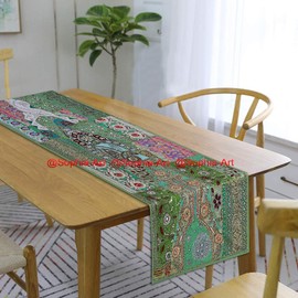 Ethnic Cotton Decorative Table Runner Indian Dinner Patchwork Beads Embroidered Room Handmade Decor Fabric Green 16x60 Inch