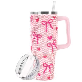 JarThenaAMCS Pink Bow Tumbler with Lid and Straw 40oz Rhinestone Bowknot Heart Tumbler with Handle Stainless Steel Cup for Home Office Travel