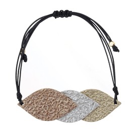 NYFASHION101 Women's Faux Leather Textured Almond Shape Macrame Bracelet, Metallic Gold-Tone/Metallic Silver-Tone