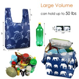 BeeGreen Bolsas reutilizables para comestibles, paquete de 6, plegables, resistentes bolsas de compras con bolsa con cierre, gran capacidad (más de 50 libras), diseños de estampados de animales para
