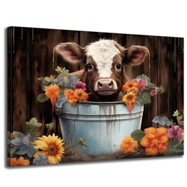 GLOKAKA Highland Cow Bathroom Wall Art Baby Cow in Bucket with Coloful Flowers Picture Prints Painting Farmhouse Animal Wall Decor Rustic Cattle Artwork for Nursery Home Decor