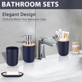 iMucci Bathroom Accessories Set 5Piece Plastic Bathroom Decor Sets Accessories, Toothbrush Holder, Toothbrush Cup, soap Dispenser, soap Dish(Navy Blue Bamboo Cover)