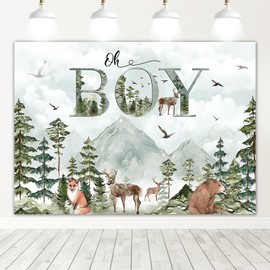 Mocsicka Woodland Baby Shower Backdrop Oh Boy Baby Shower Background Woodland Boy Baby Shower Decorations Banner Photo Studio Props (7x5ft)
