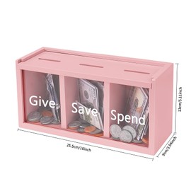 Mczxon Spend Save Give Piggy Bank for Kids, Money Coin Savings Piggy Bank Jar Box for Kids Child Safe Money Saver, Teach Children About Giving & Saving Money Piggy Box for Childrens Boys Girls, Pink