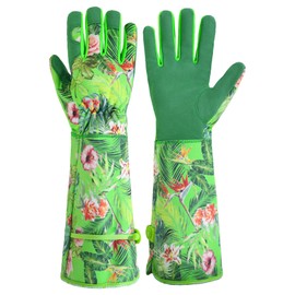 HANDLANDY Women Gardening Gloves, Thorn Proof Breathable Ladies Rose Pruning Long Gauntlet Floral Print Garden Yard Gloves, Gift for Gardeners (Green, M)