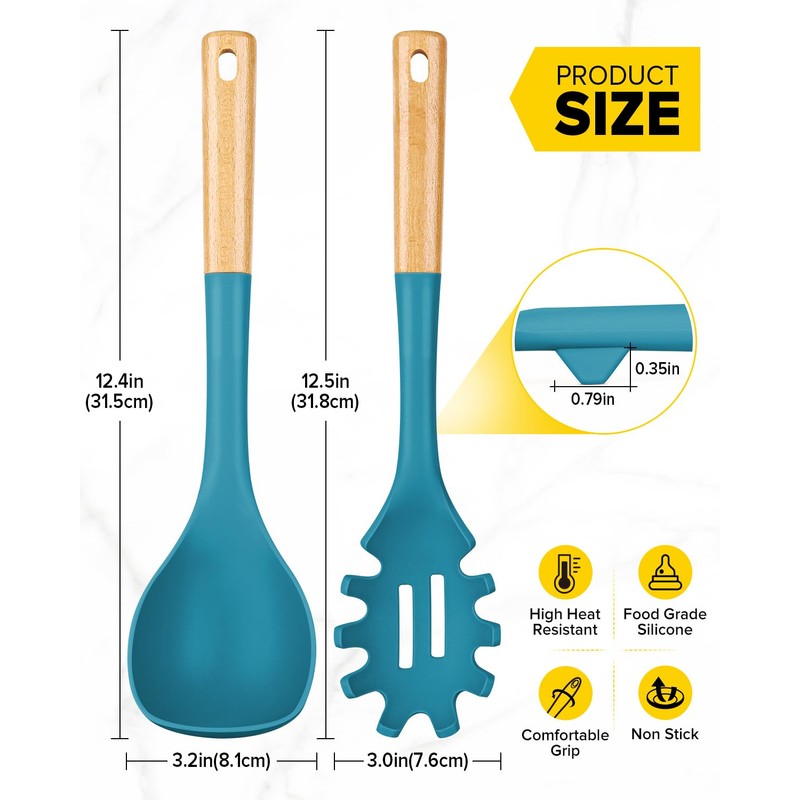 Silicone Soup Ladle and Spaghetti Spoon Set with Wooden Handle,