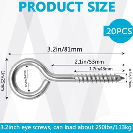 WYIPOLZI 20 Pack 3.2 Inch Stainless Steel Eye Hooks Heavy Duty Metal Screw Eye for Wood, Eye Bolts Screw in Hooks Self Tapping Eye Lag Eyebolt for Indoor & Outdoor Use