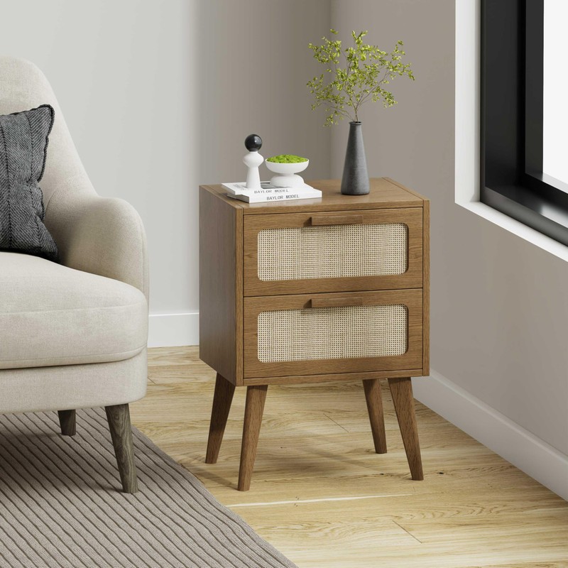 Rattan Nightstand Set of 2,Mid Century Modern Bedside with Storage,Wood
