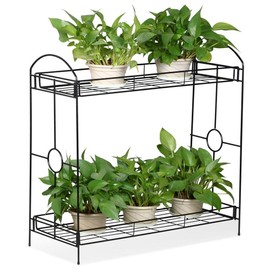 Topeakmart 2-Tier Metal Plant Stand Outdoor/Indoor Flower Stand Rack w/Tray Design for Garden and Home Black，33.5 x 13.4 x 31.9in. W x D x H