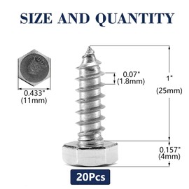 1/4" x 1" Hex Head Lag Screws Bolts 20Pcs 304 Stainless Steel 18-8, Partial Thread, Hexagon Head Wood Screws by SG TZH