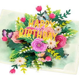 POPWOW Happy Birthday Pop Up Card, Colorful Flowers and Butterflies, Beautifull, Elegant, Floral 3D Greeting Card, Ideal Gifts for Mom, Sister, Women, Grandma, Stepmother, Aunt, Daughter, 5x7
