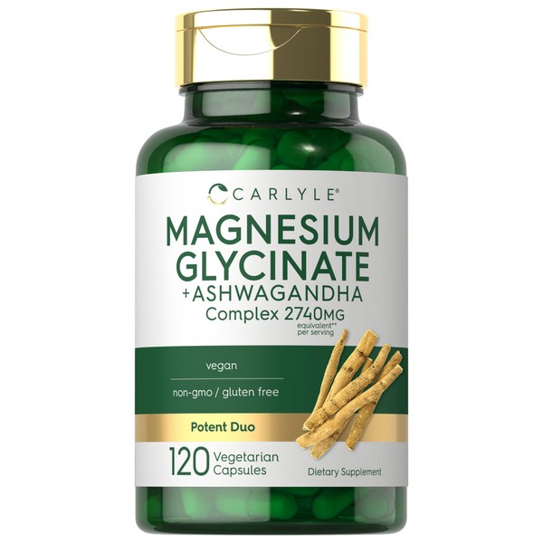 Magnesium Glycinate with Ashwagandha | 2,740mg Complex | 120 Vegetarian Capsules | Potent Duo | Vegetarian, Non-GMO, and Gluten Free Supplement | by Carlyle