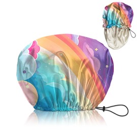 Cabreche Luxury Shower Cap Satin Silk Lined Adjustable Elastic Reusable Waterproof Shower Bath Cap Cute for Women Girls-Pink Cloud