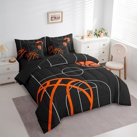Feelyou Basketball Bedding Set Queen 7 Pieces Kids Basketball Court for Boys Girls Teens Gaming Sports Bedding Set Sports Theme Black Bed in a Bag with Comforter, Sheets, Pillowcases & Cushion Cover