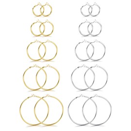 CASSIECA 10 Pairs Clip On Hoop Earrings for Women Stainless Steel Fake Hoop Earrings Silver Gold Clip On Earrings Hoops for Non-Pierced Ears, 25mm 30mm 40mm 50mm 60mm