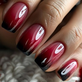 Short Square Press on Nails Gradient Red French Tip Fake Nails with Designs Artificial Nail Reusable Full Cover False Nails Tips Kit Stick on Nail for Women Nail Art Manicure 24 Pcs