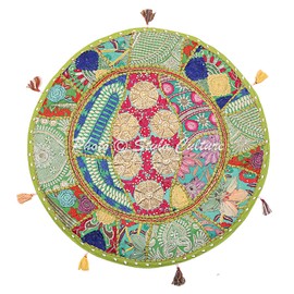 Stylo Culture Ethnic Round Floor Cushion Cover Boho 55 x 55 cm Decorative Chair Cushion Vintage Parrot Green Bohemian Patchwork Seat Lounge Cotton Embroidered Floor Cushion Seat Cushion Seat Cushion