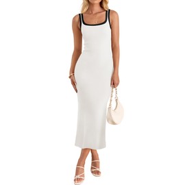 ZESICA Women's 2025 Summer Bodycon Midi Dress Casual Sleeveless Square Neck Side Slit Knit Vacation Long Dresses,White,Small