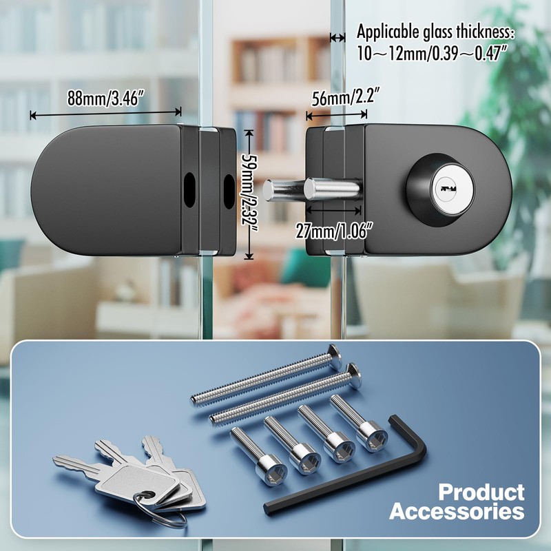 Ranbo Frameless Double-Sided Glass Door Lock,Clamp-On No-Drill,304 Stainless Steel,for 3/8"–1/2"(10-12mm)