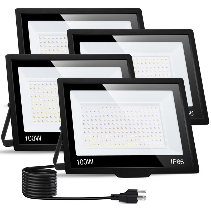 4 Pack 100W LED Flood Light Outdoor with Plug, IP66