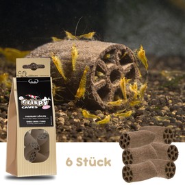 GlasGarten Crispy Caves Size Baby / Pack of 6 - Edible Caves for Ornamental Shrimps, 2-in-1 = Hiding Place & Feeding Area, Rich in Fibre with Wood Fibres & Walnut Leaves